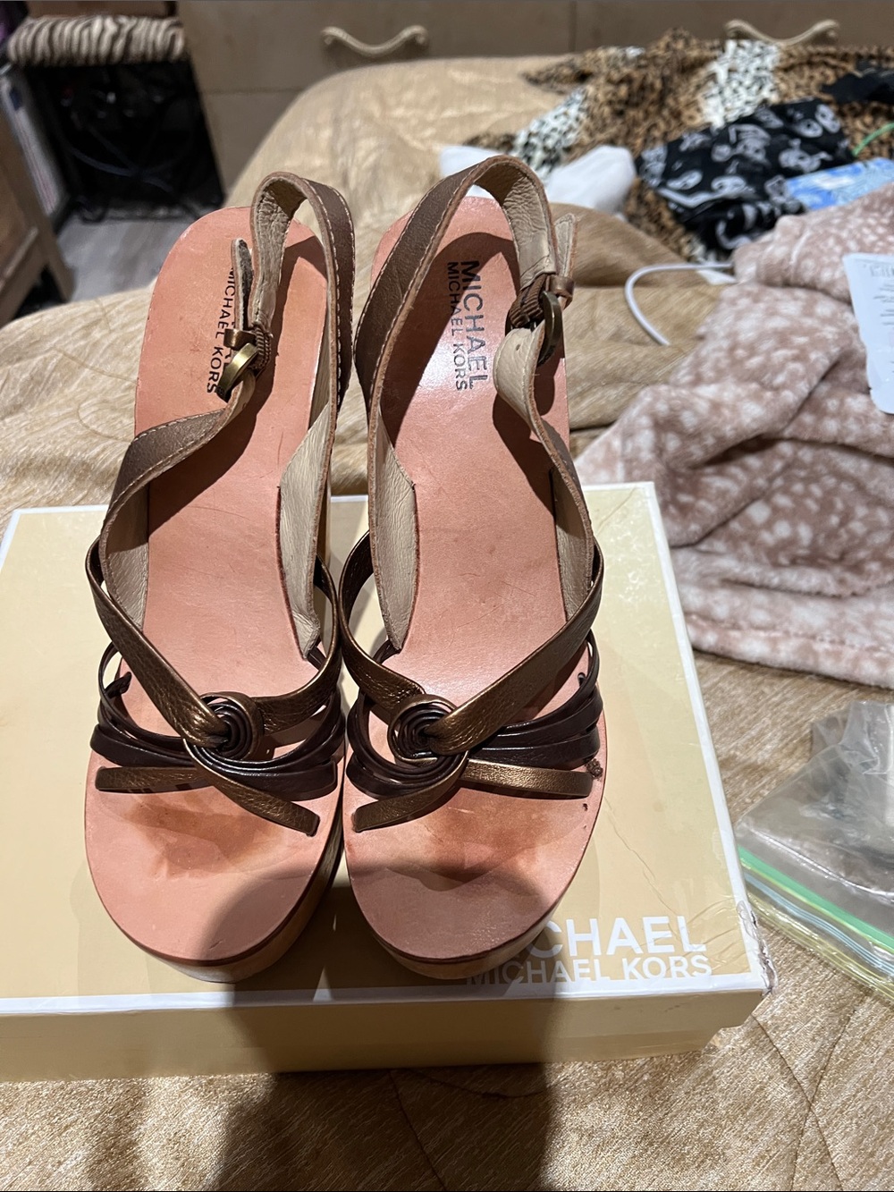 Michael Kors Brown Leather Knot-Strap Wedge Sandals